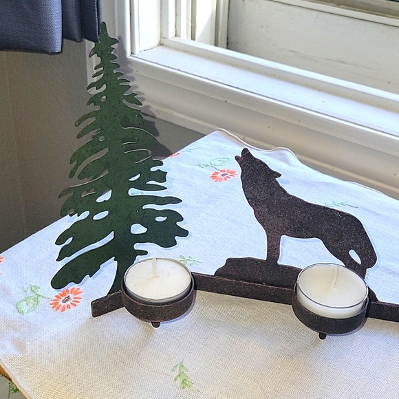 Metal  Pine Trees And Wolf. Dark Green Tree Brown Wolf. Tea Candles Included - Picture 6 of 16